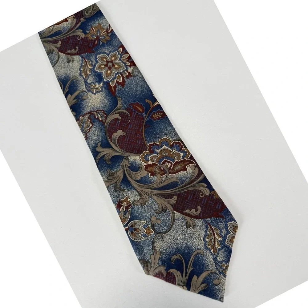Robert Stock Necktie Sandwashed Silk Men Blue Floral Paisley Silk Vintage Dandy